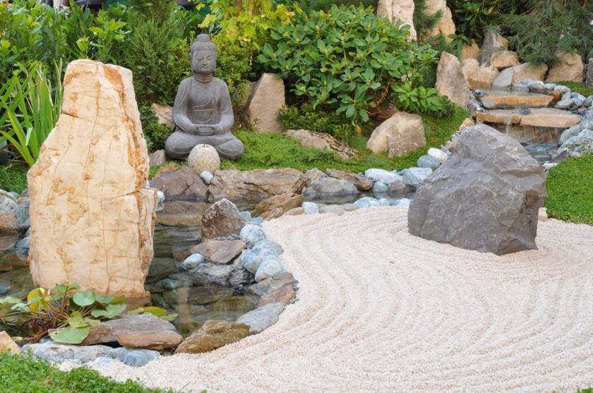 Completed zen garden landscape with stone, water and planting