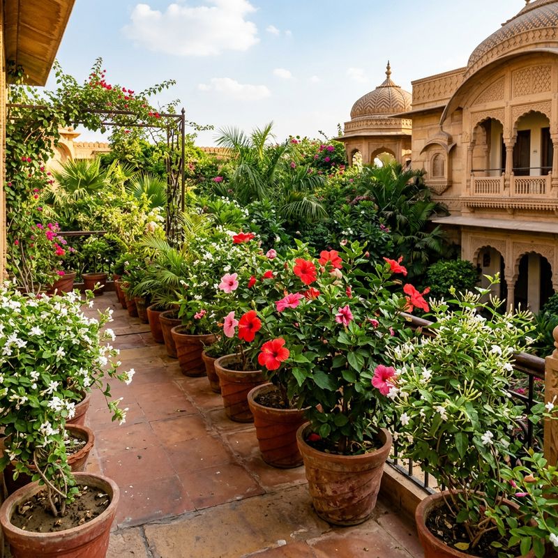 Terrace planting at a hospitality property with palms and seasonal colour
